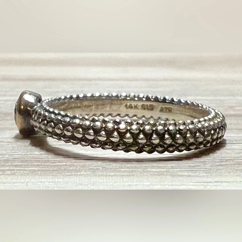 Vintage Designer Signed ATR Sterling Silver & 14K Gold Pebbled CZ Eternity Ring